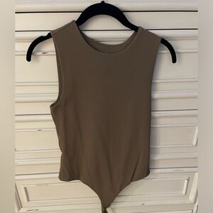Nuuds Ribbed Crew Neck Tank Bodysuit in Mocha - Small